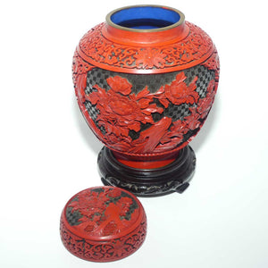 Very tall Cinnabar on Enamelled Brass Floral design Ginger Jar with wooden Base | 28cm