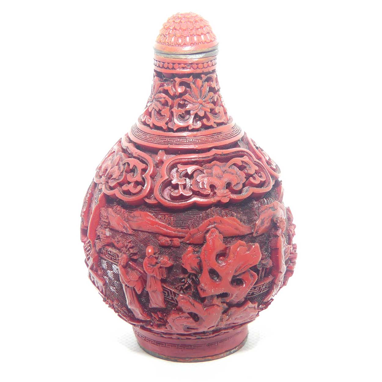 Larger size Cinnabar circular shape snuff bottle |  Village and Lake scene