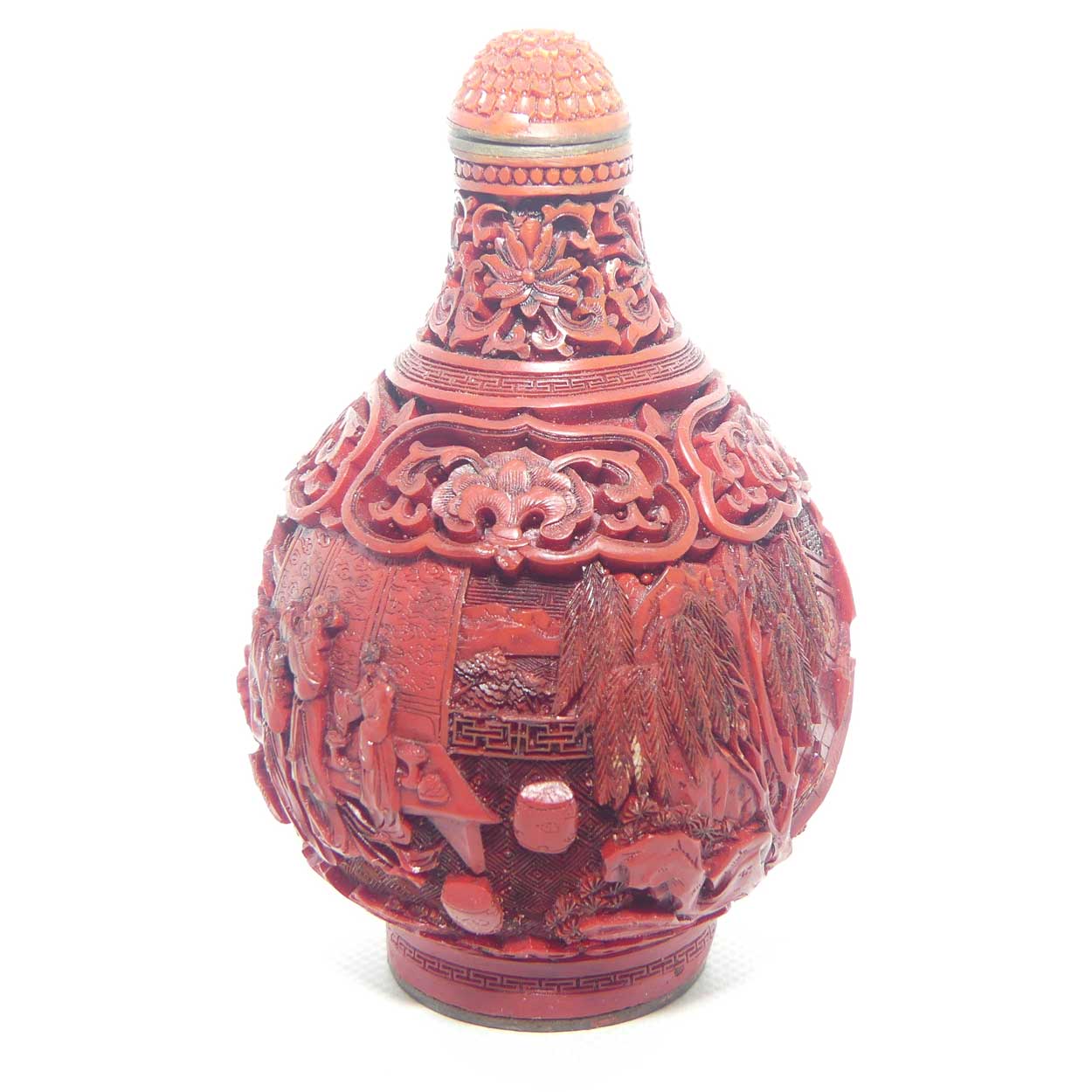 Larger size Cinnabar circular shape snuff bottle |  Village and Lake scene