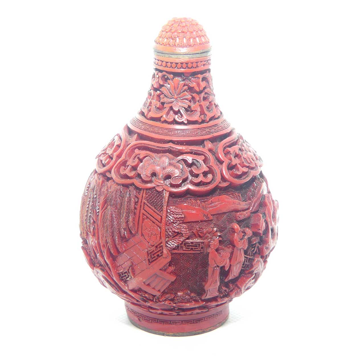 Larger size Cinnabar circular shape snuff bottle |  Village and Lake scene