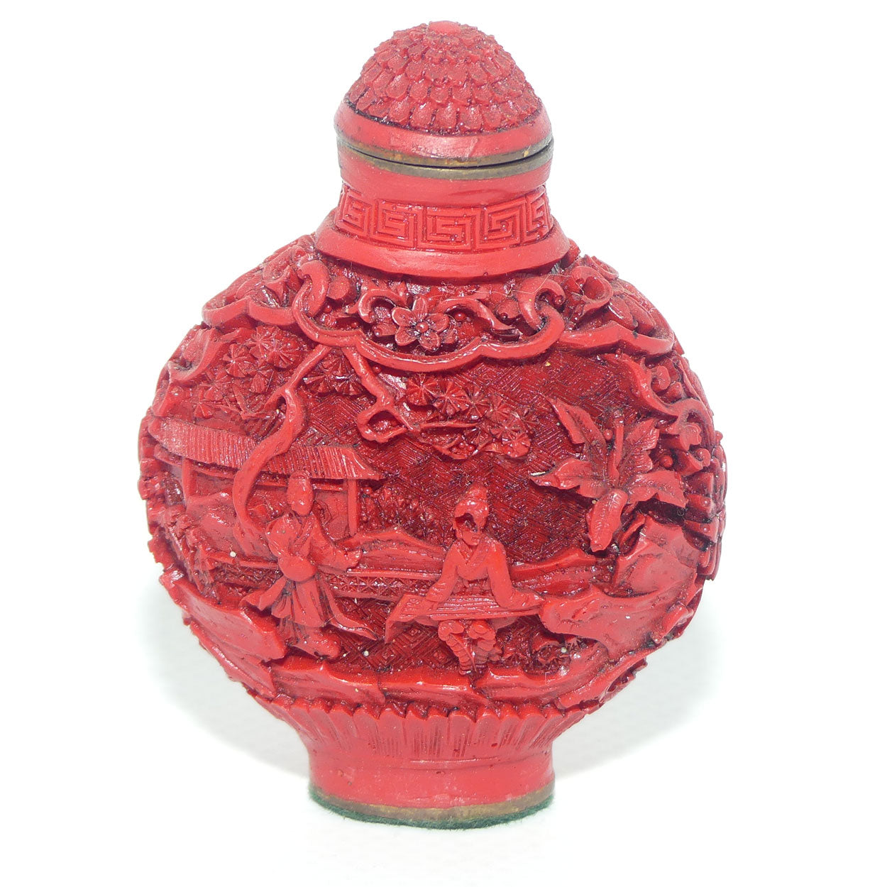 Chinese Cinnabar round shape snuff bottle | House on the Lake scene