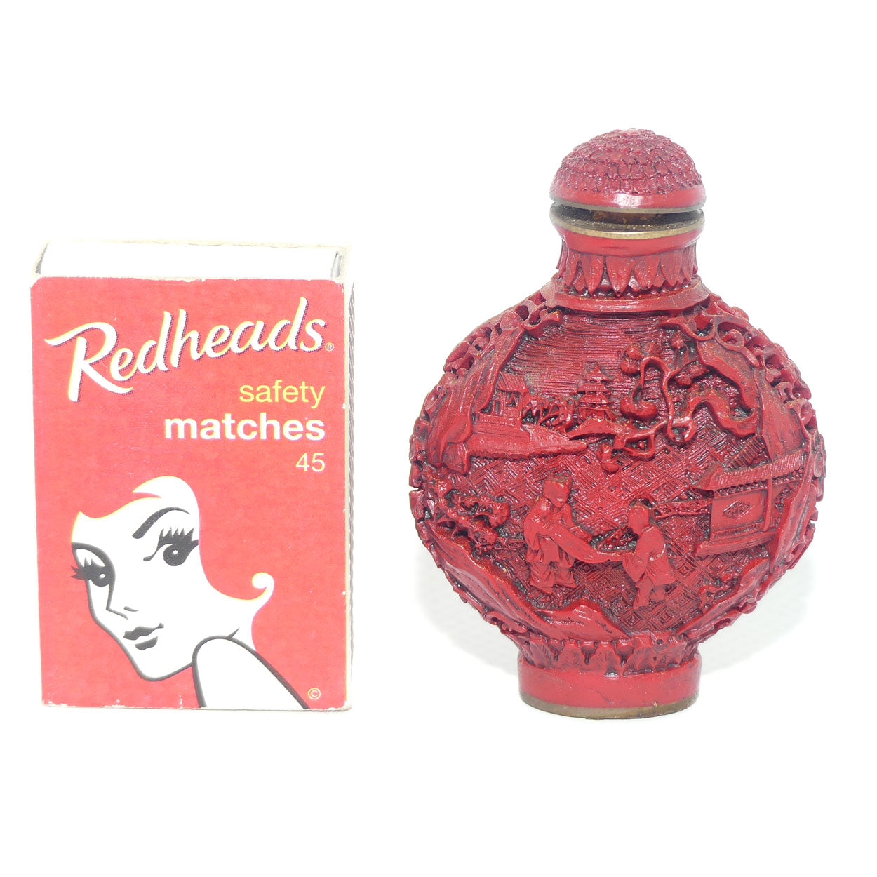 Chinese Cinnabar round shape snuff bottle | #2 | People at the Lake scene