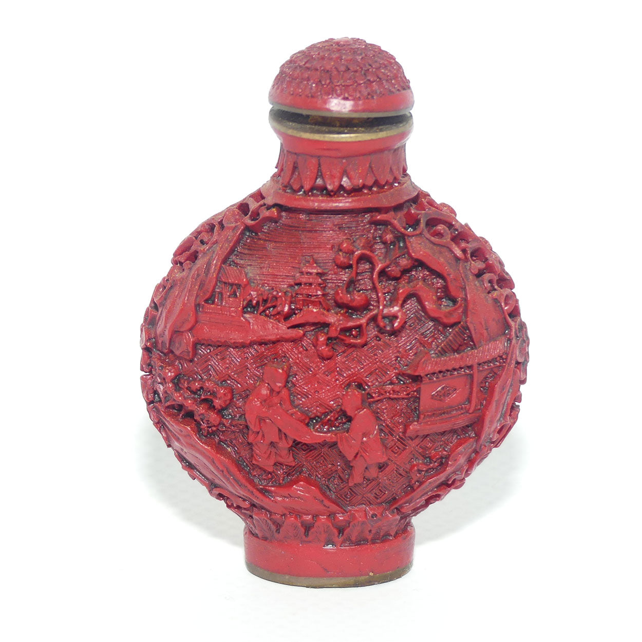 Chinese Cinnabar round shape snuff bottle | #2 | People at the Lake scene