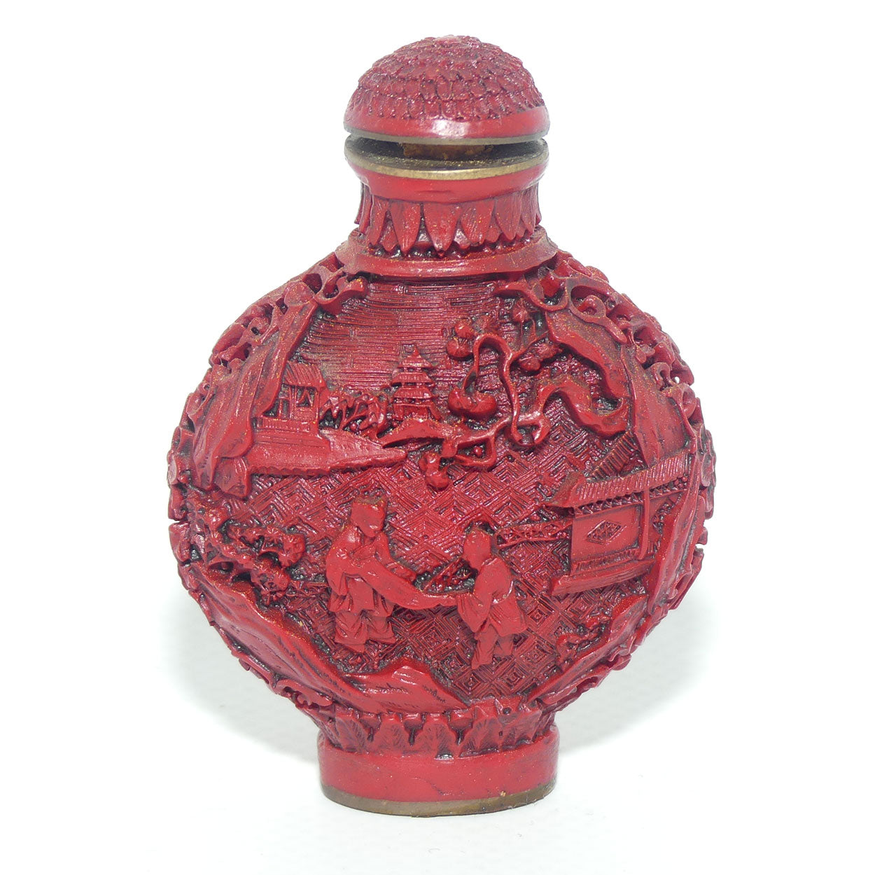 Chinese Cinnabar round shape snuff bottle | #2 | People at the Lake scene