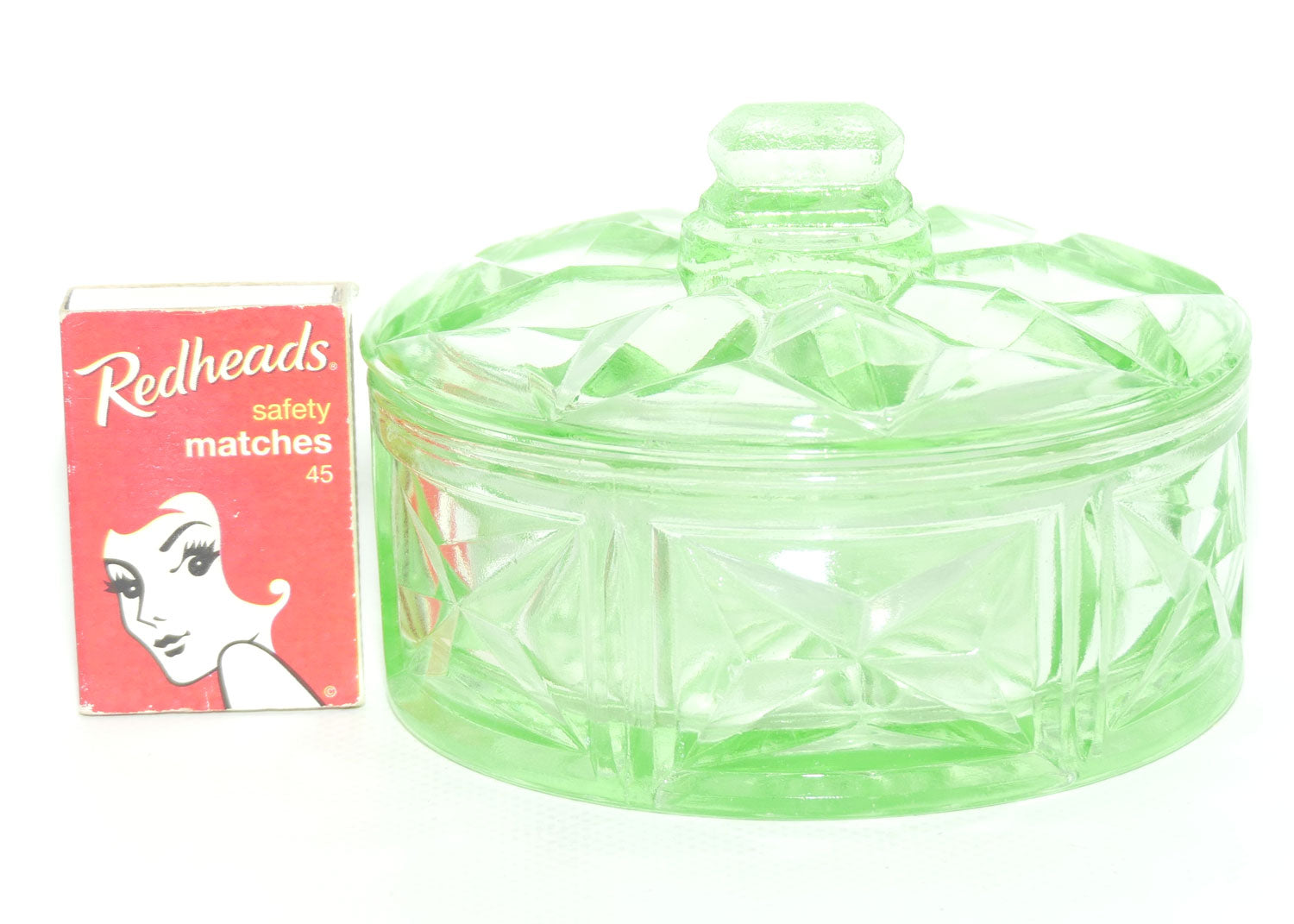 Green Depression Glass round cheese or butter dish | Art Deco pattern