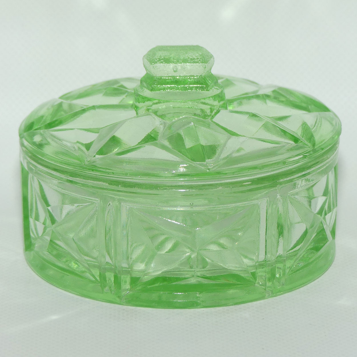 Green Depression Glass round cheese or butter dish | Art Deco pattern