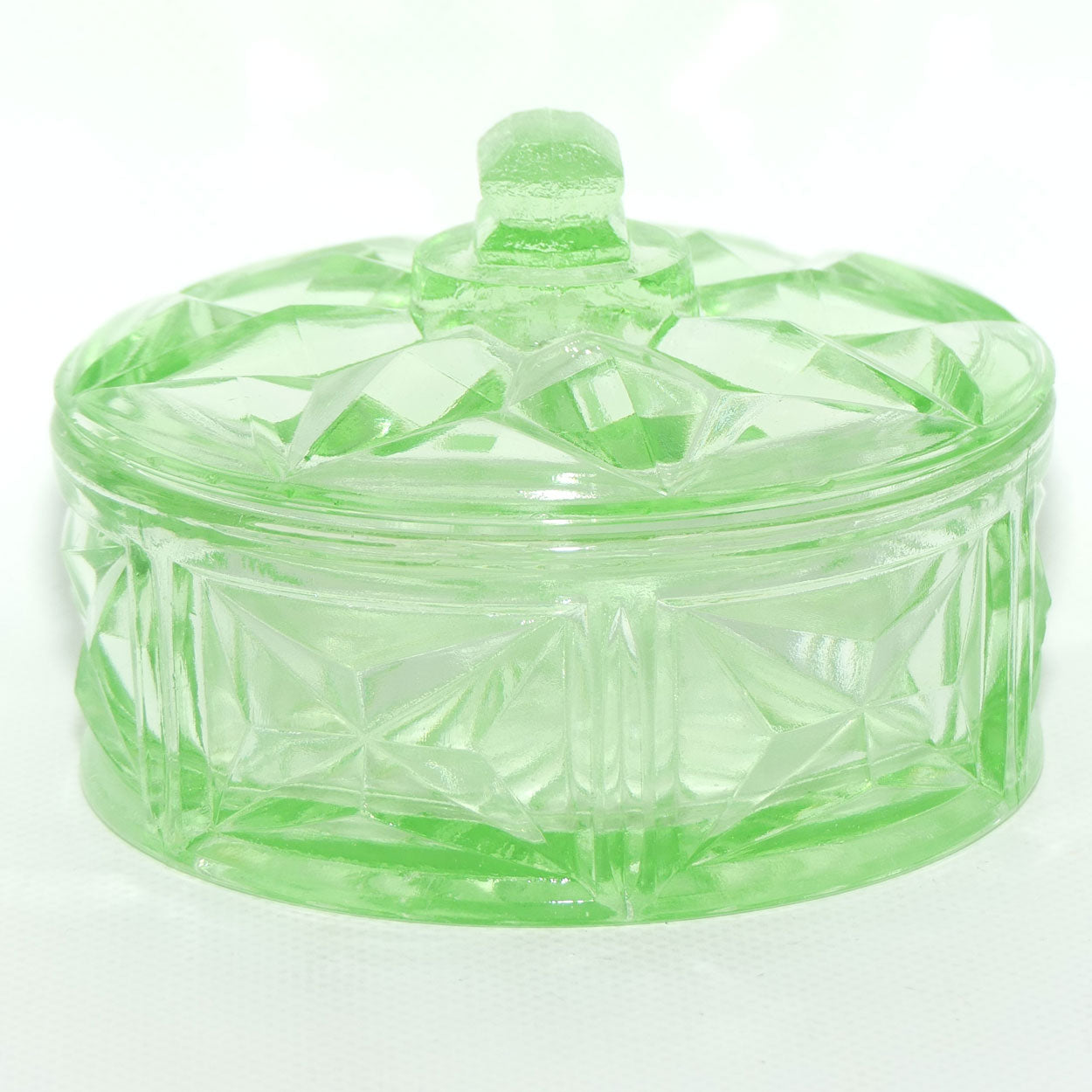 Green Depression Glass round cheese or butter dish | Art Deco pattern