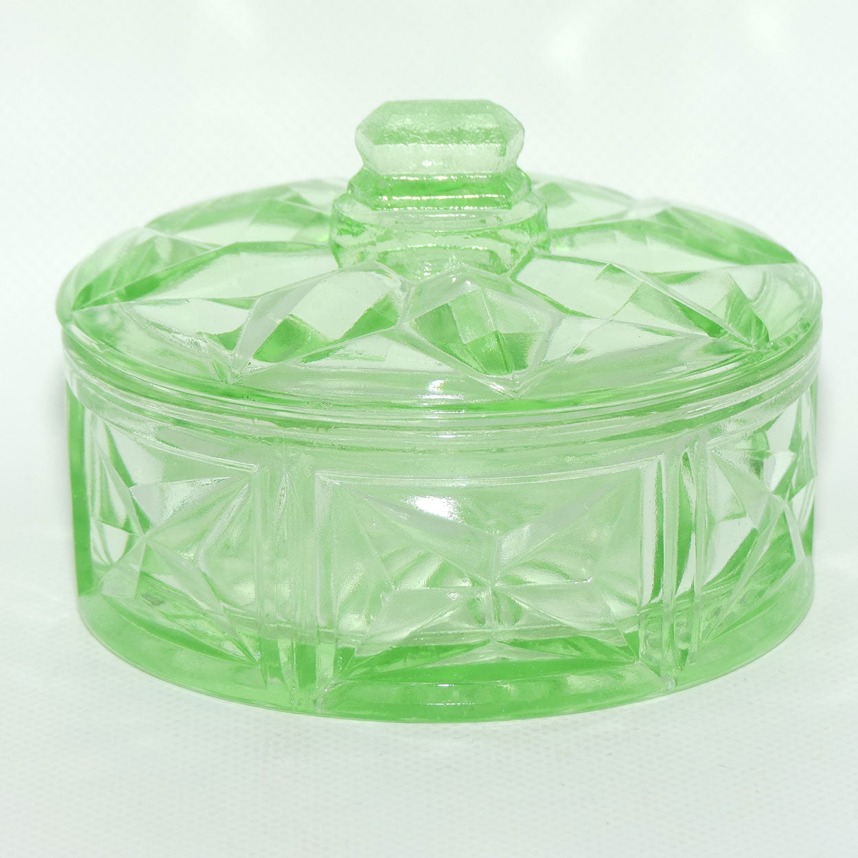 Green Depression Glass round cheese or butter dish | Art Deco pattern