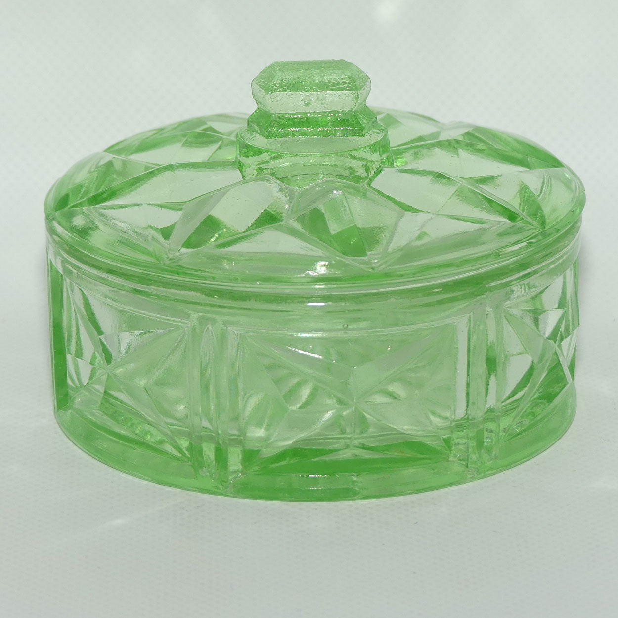 Green Depression Glass round cheese or butter dish | Art Deco pattern
