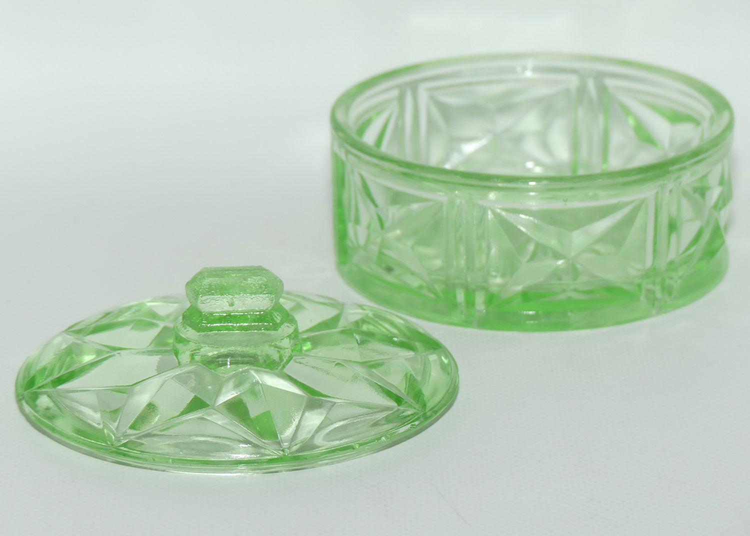 Green Depression Glass round cheese or butter dish | Art Deco pattern