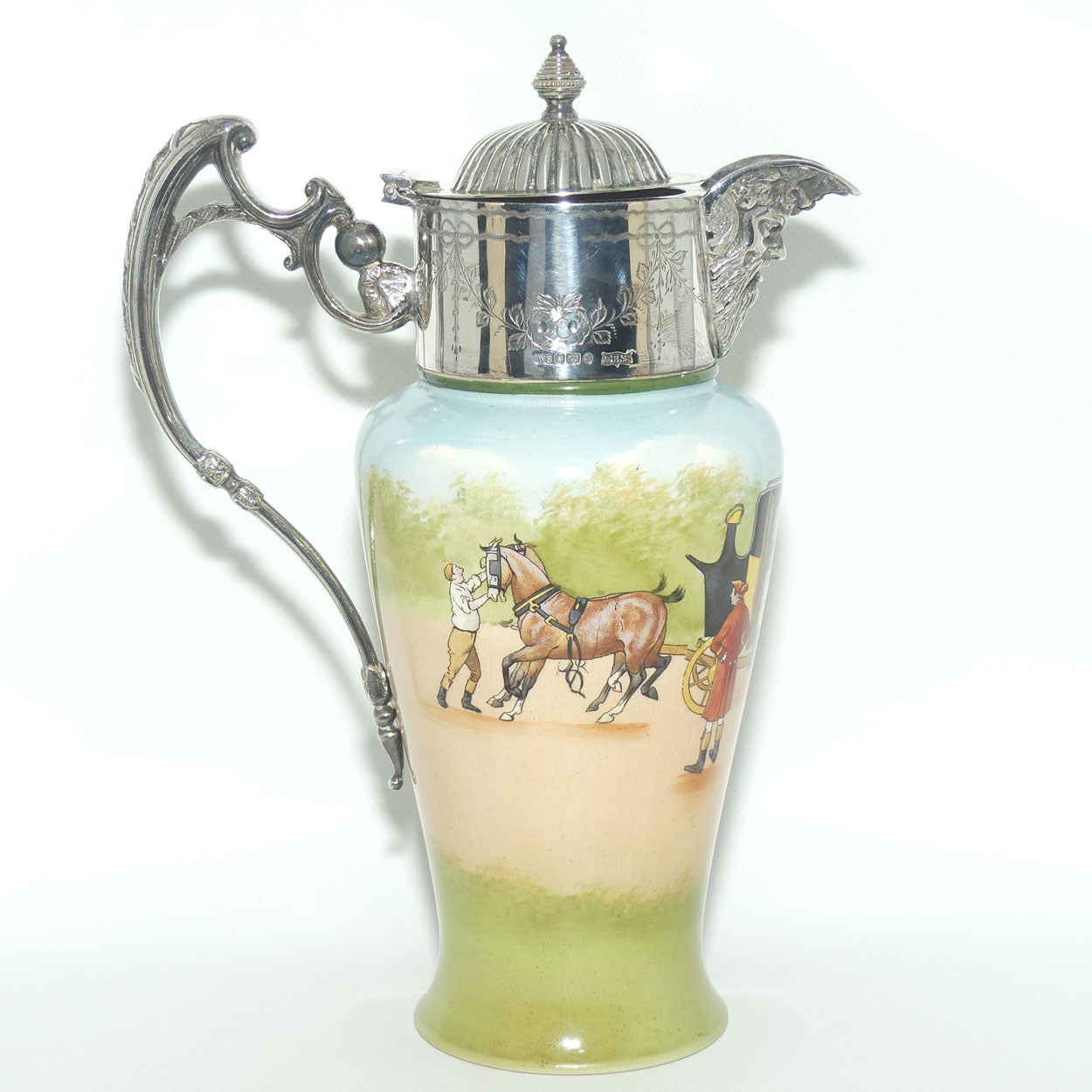 Royal Doulton Coaching Days claret jug with EPNS handle and lid E2768 | rare Blue Sky variation