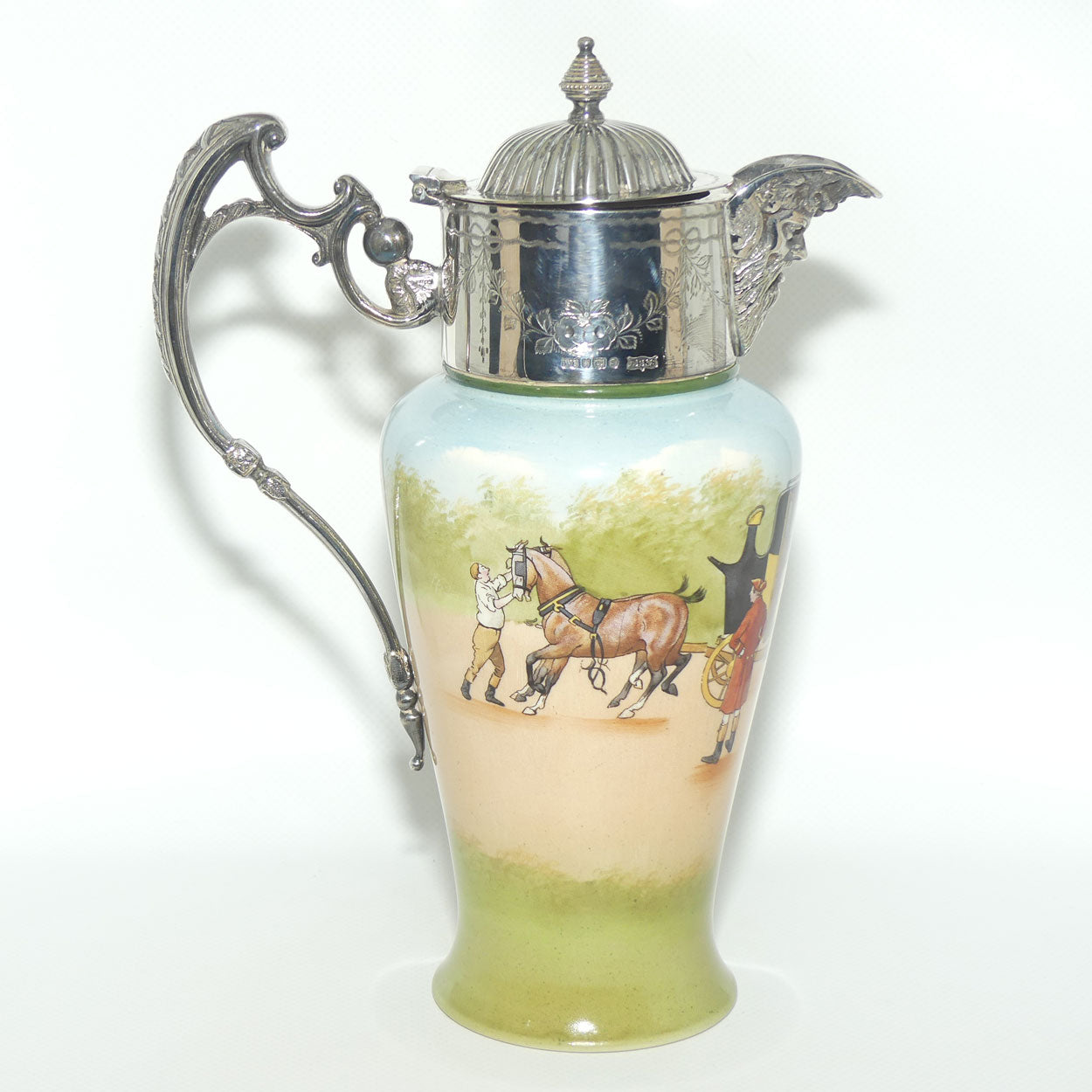 Royal Doulton Coaching Days claret jug with EPNS handle and lid E2768 | rare Blue Sky variation