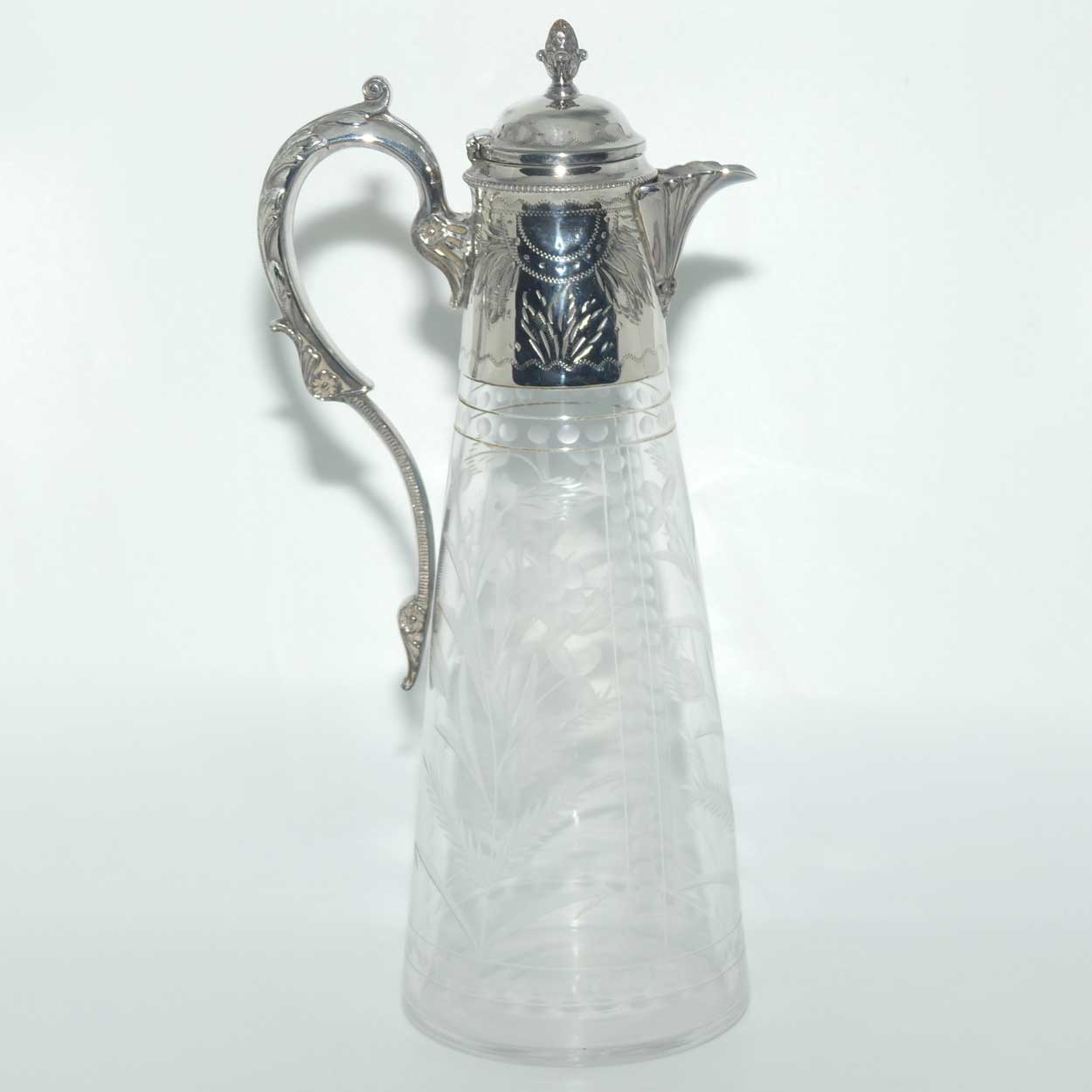 Late Victorian narrow etched claret jug with plated mounts