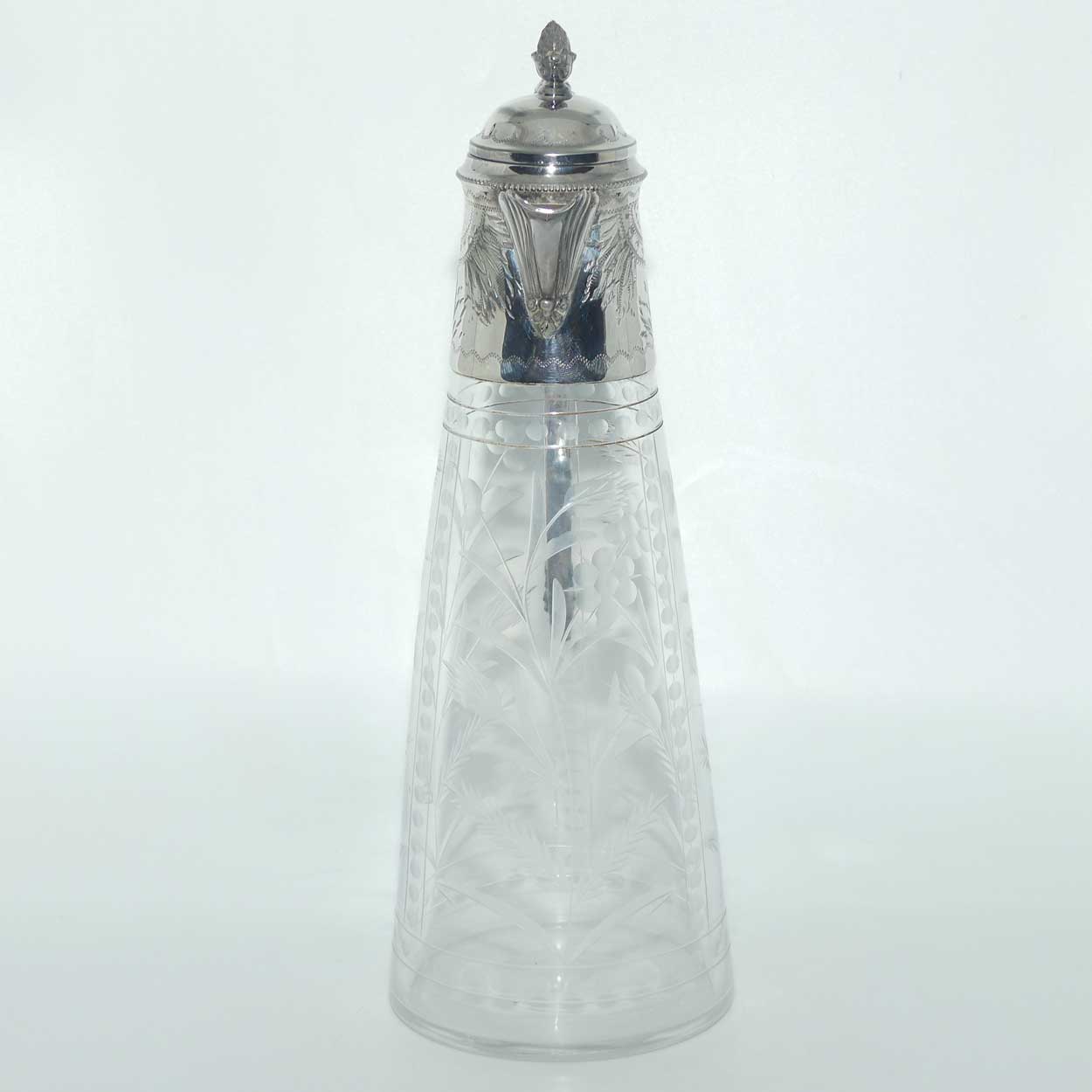 Late Victorian narrow etched claret jug with plated mounts