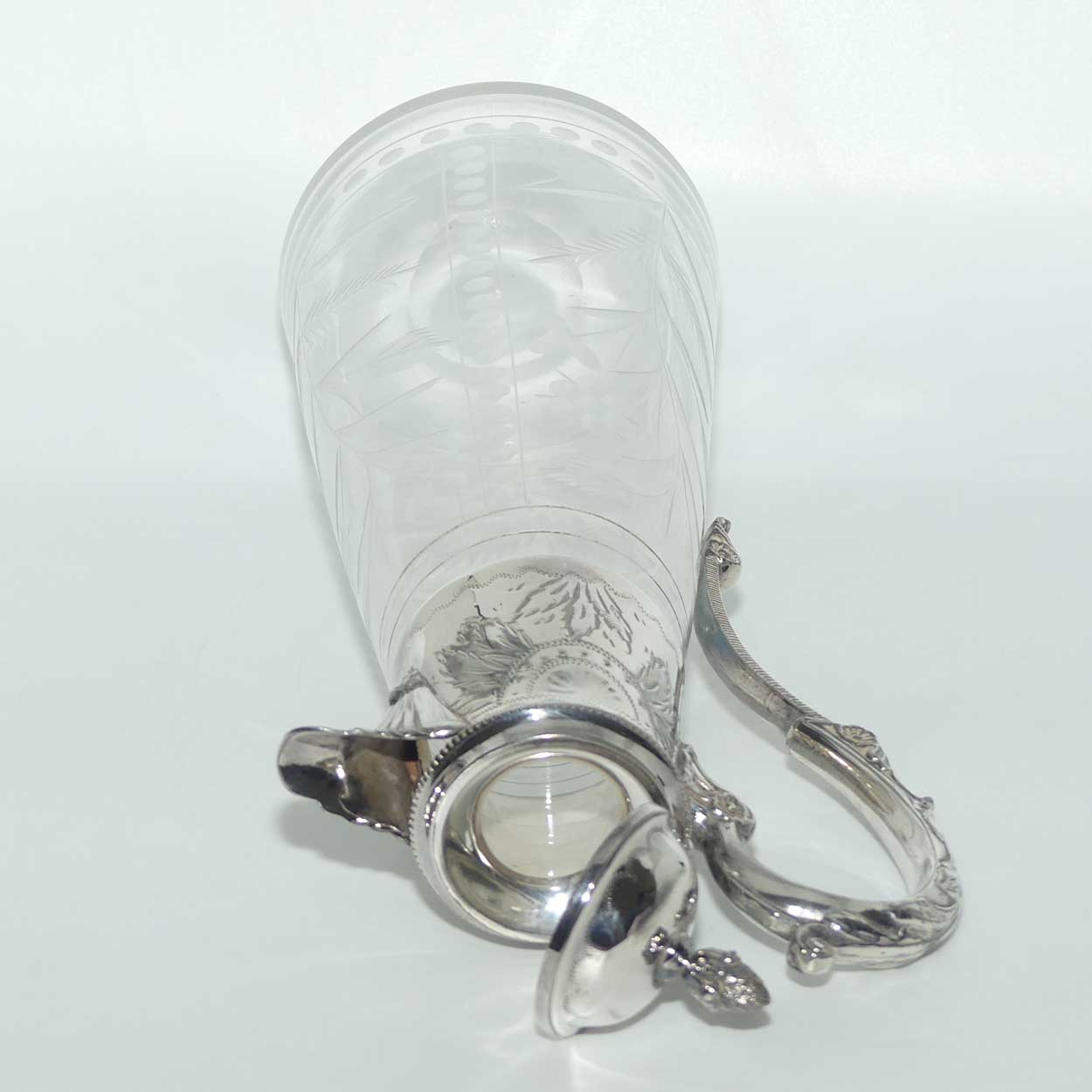 Late Victorian narrow etched claret jug with plated mounts