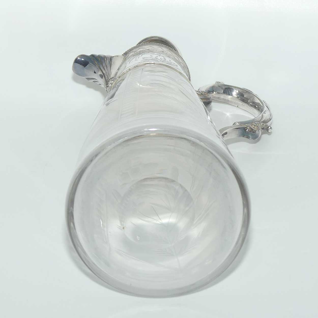 Late Victorian narrow etched claret jug with plated mounts