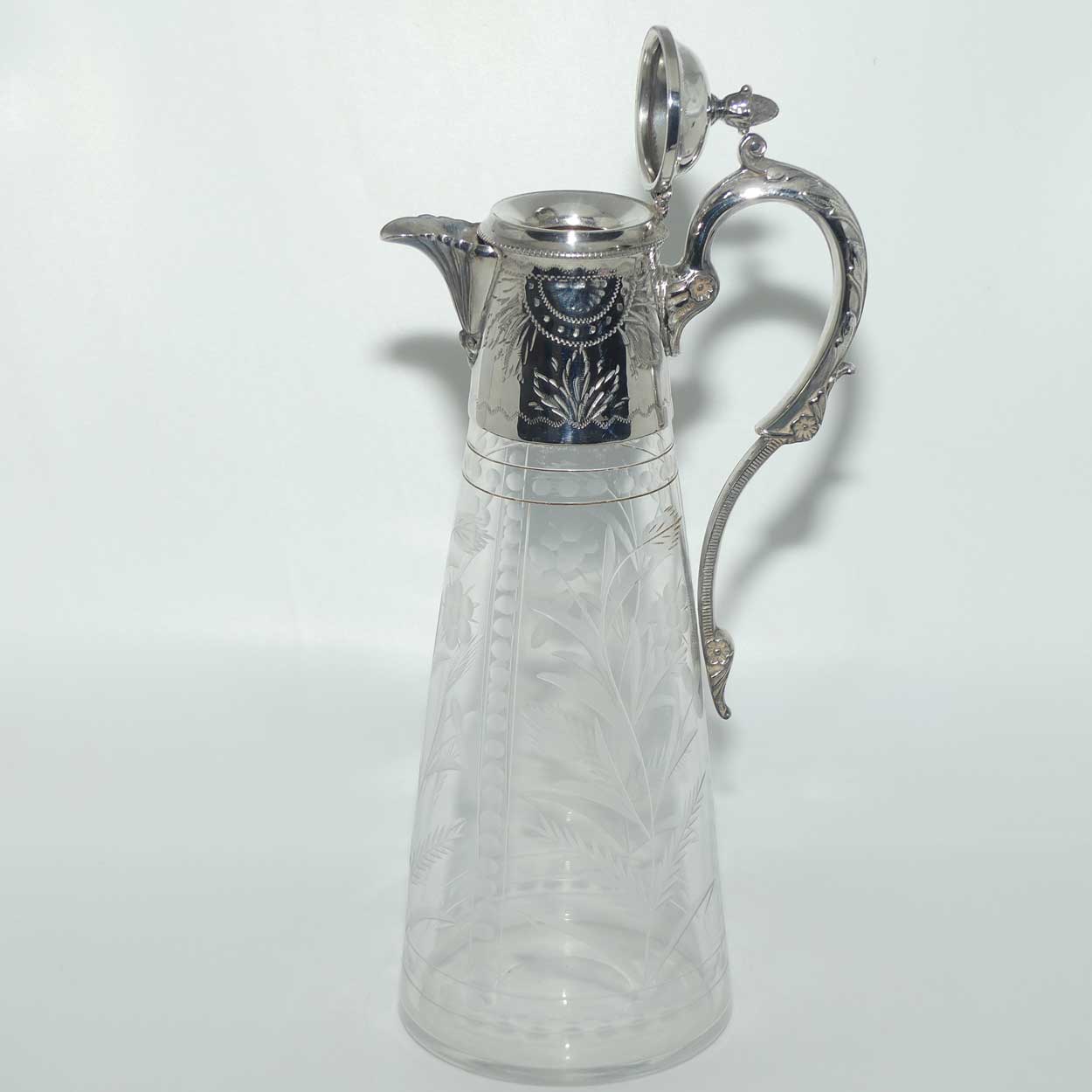 Late Victorian narrow etched claret jug with plated mounts