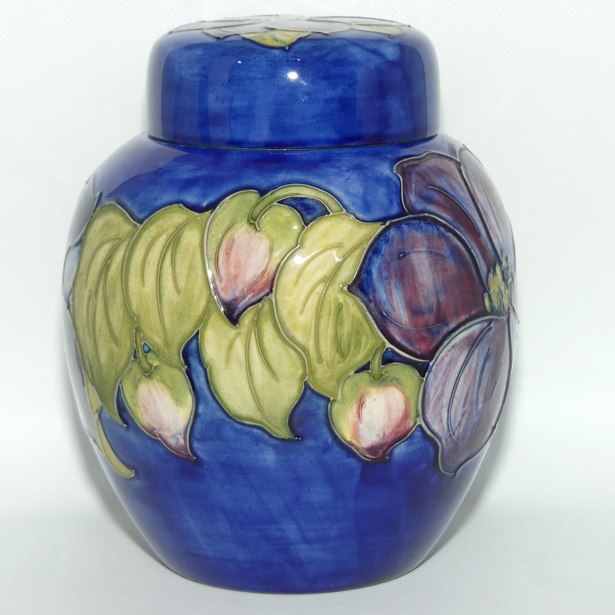 Walter Moorcroft Clematis | Blue large size lidded ginger jar | 20.5cm tall