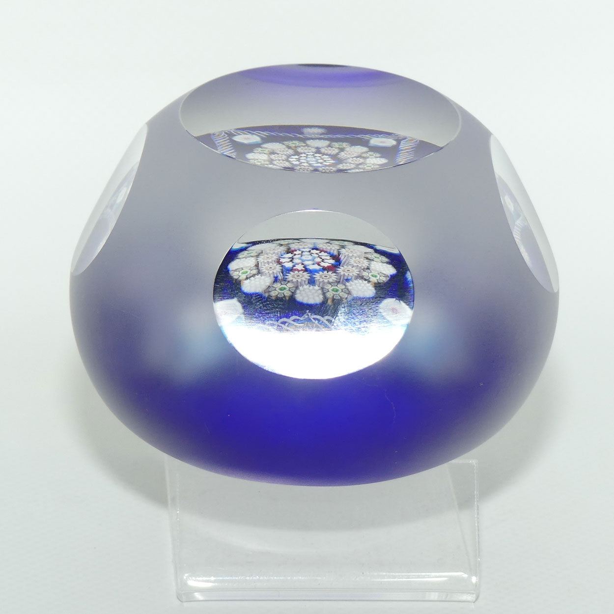 John Deacons Scotland Clichy Square Facetted and Sandblasted Magnum paperweight (Blue)