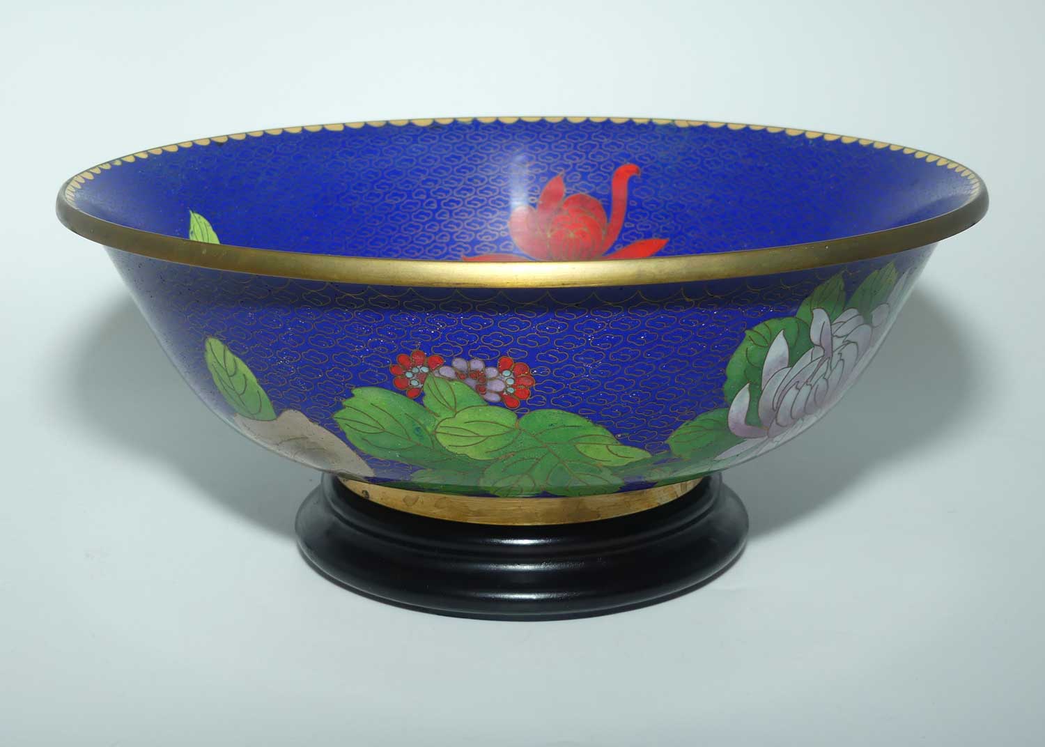 Mid Century large Chinese Cloisonne bowl on wooden stand | Blue | Lotus and Butterfly