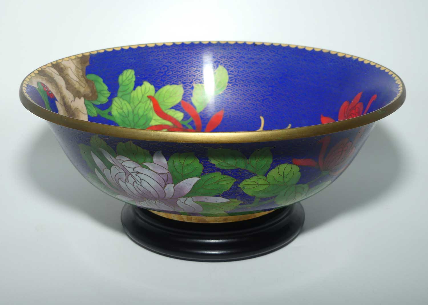 Mid Century large Chinese Cloisonne bowl on wooden stand | Blue | Lotus and Butterfly