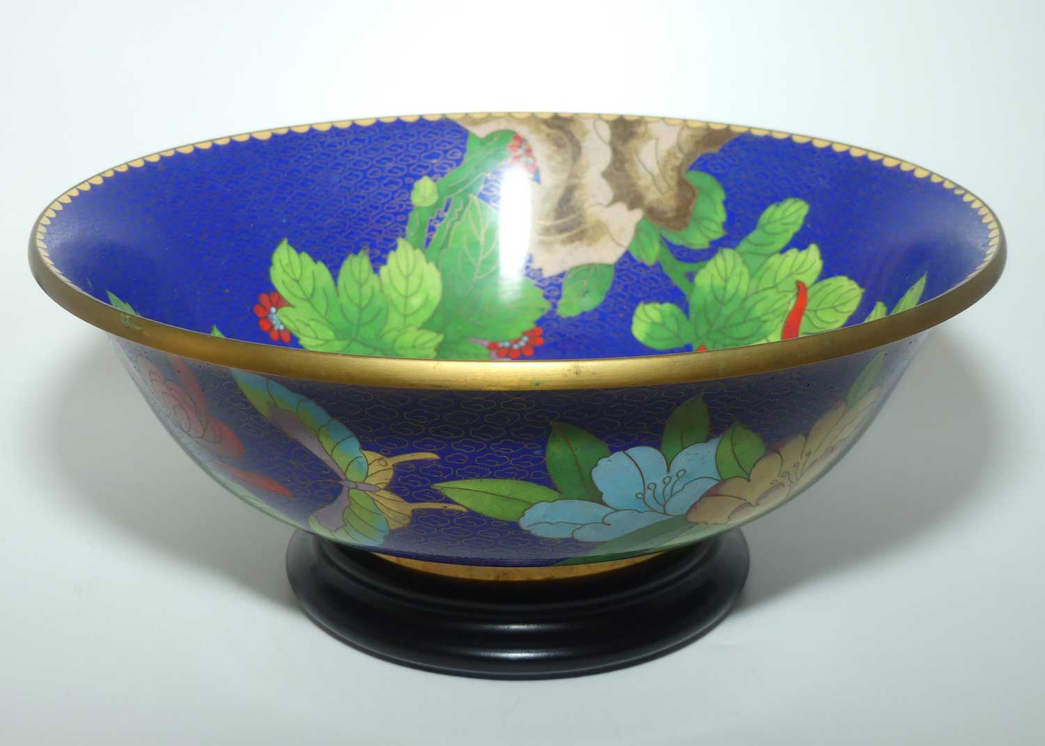 Mid Century large Chinese Cloisonne bowl on wooden stand | Blue | Lotus and Butterfly