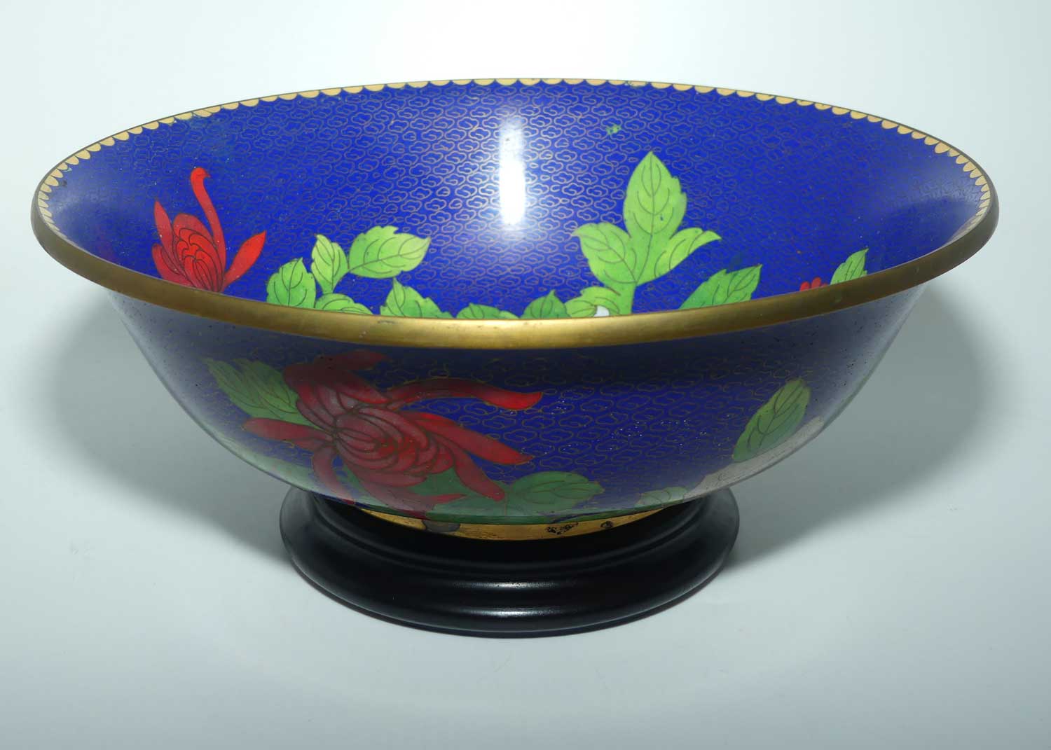 Mid Century large Chinese Cloisonne bowl on wooden stand | Blue | Lotus and Butterfly