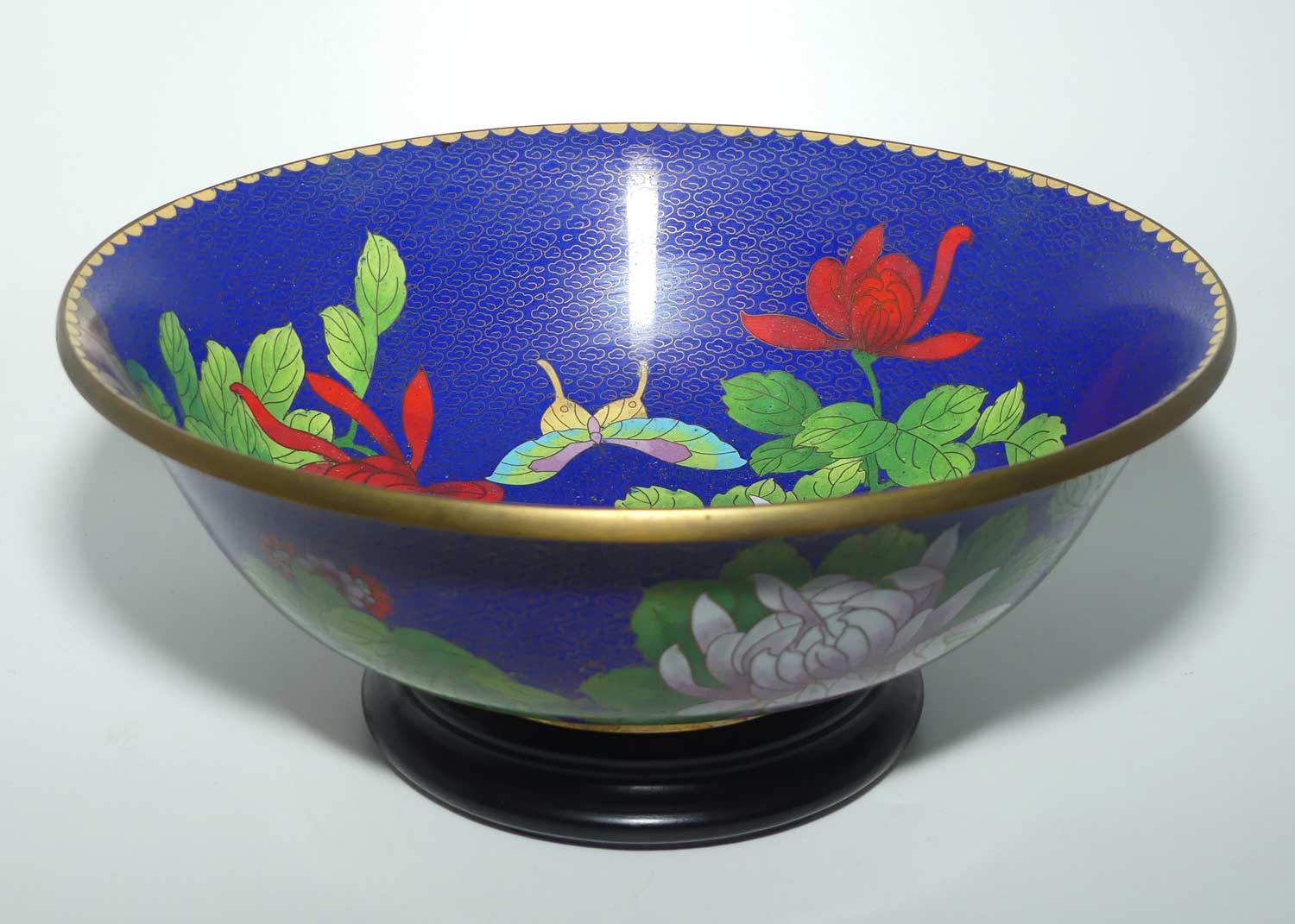 Mid Century large Chinese Cloisonne bowl on wooden stand | Blue | Lotus and Butterfly