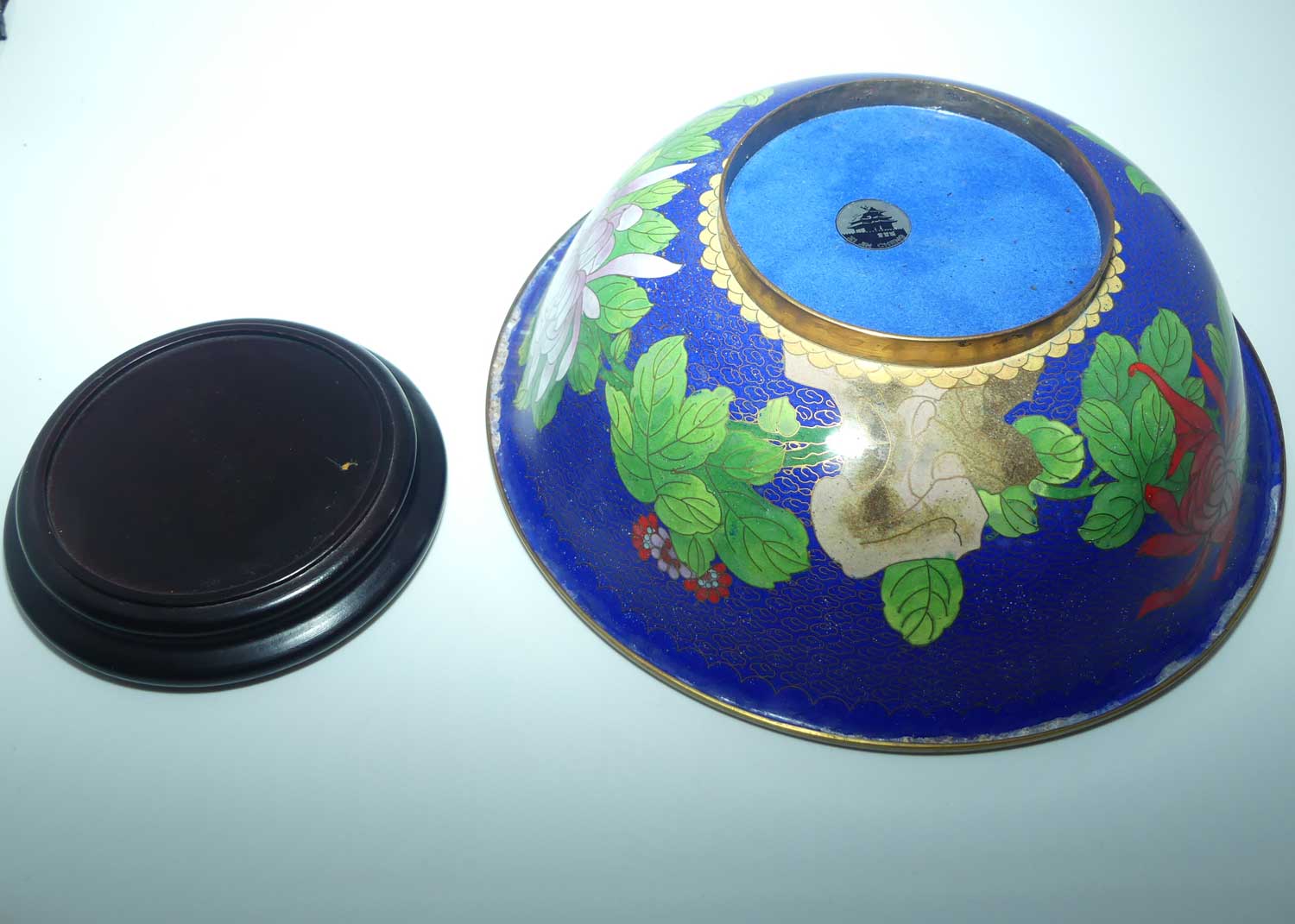 Mid Century large Chinese Cloisonne bowl on wooden stand | Blue | Lotus and Butterfly