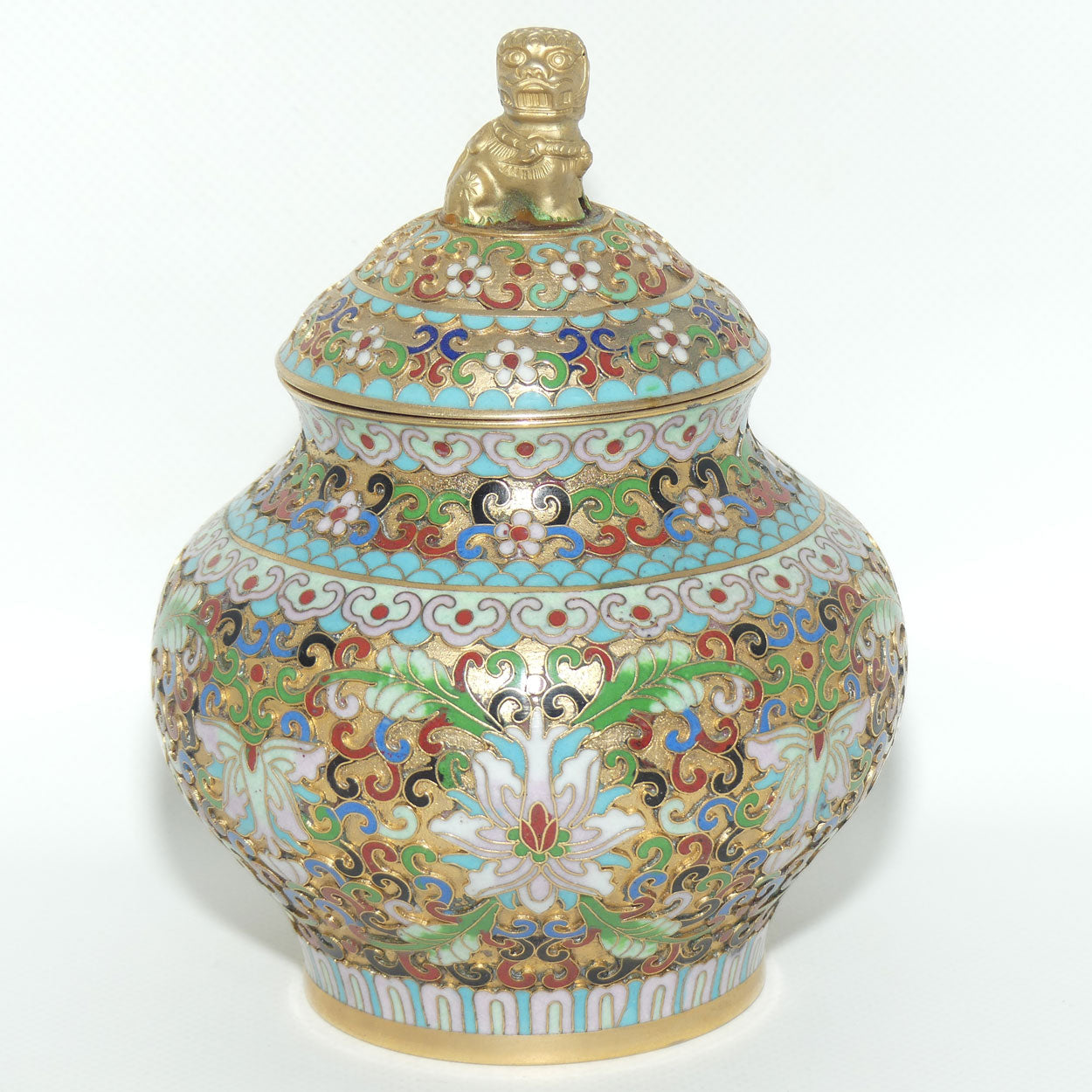 Mid Century Cloisonne on Brass Lidded Pot | Temple Dog Finial