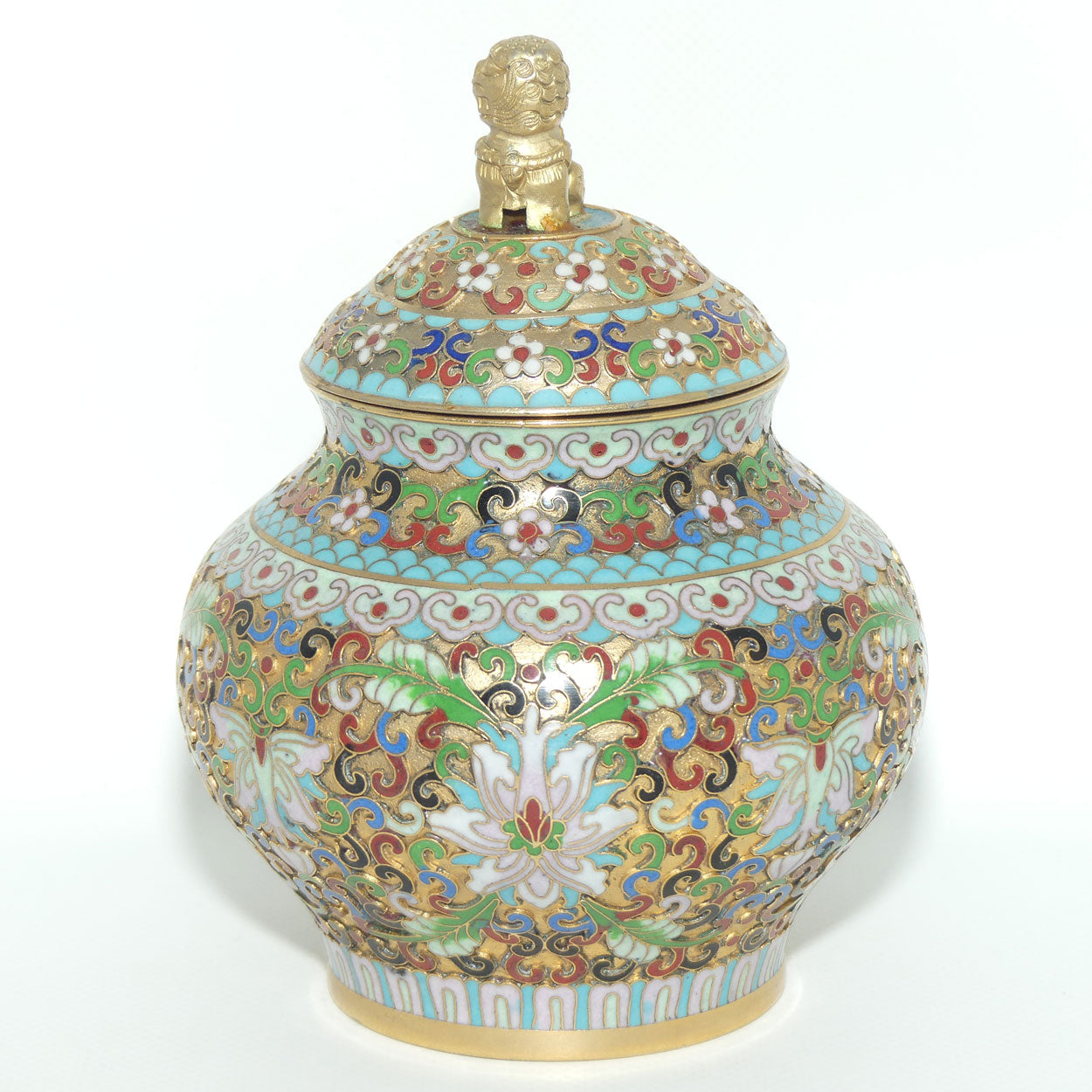 Mid Century Cloisonne on Brass Lidded Pot | Temple Dog Finial