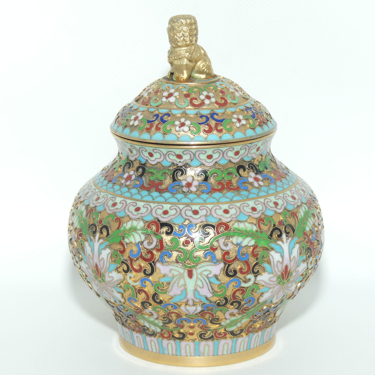 Mid Century Cloisonne on Brass Lidded Pot | Temple Dog Finial