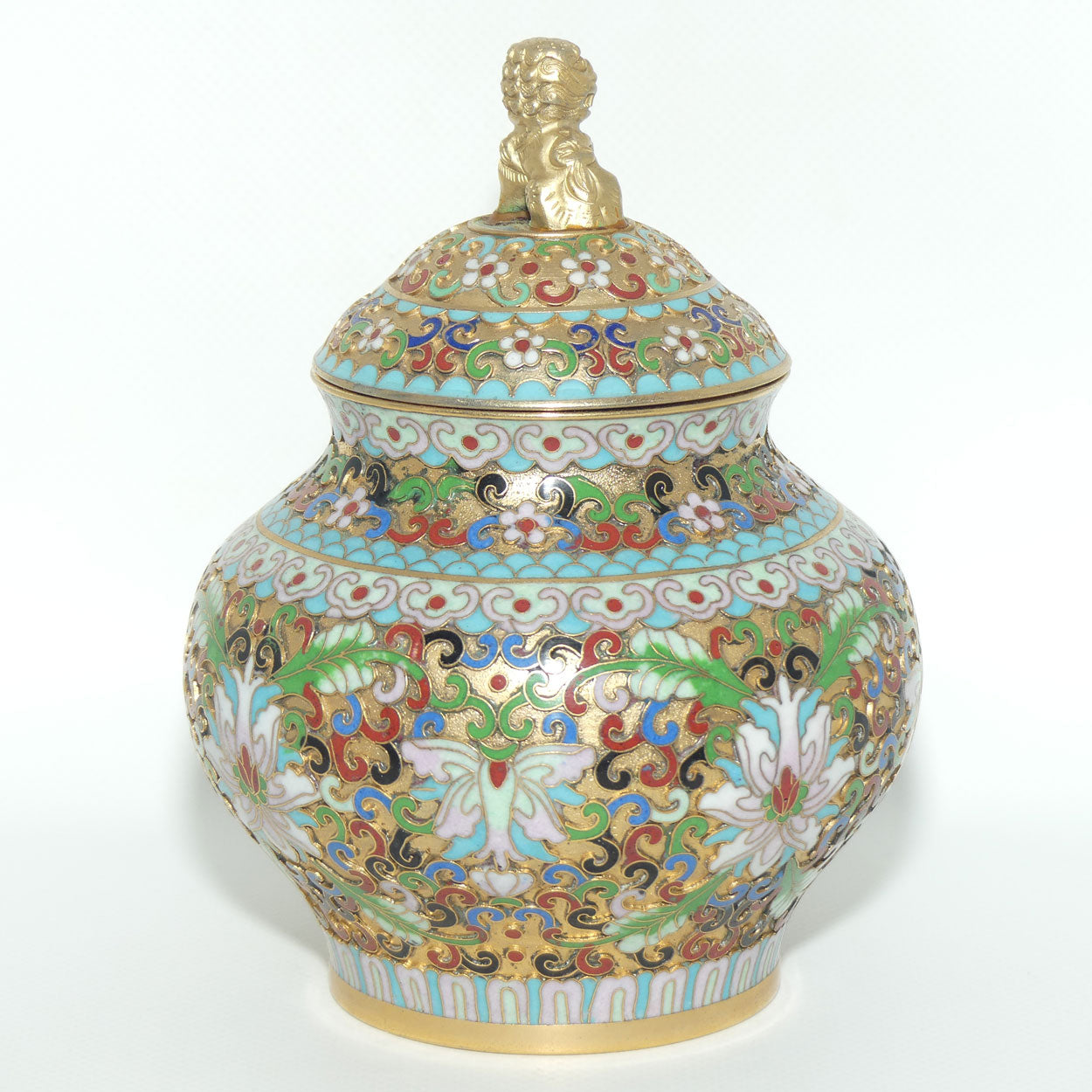Mid Century Cloisonne on Brass Lidded Pot | Temple Dog Finial