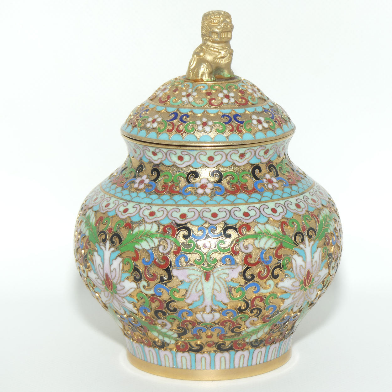 Mid Century Cloisonne on Brass Lidded Pot | Temple Dog Finial