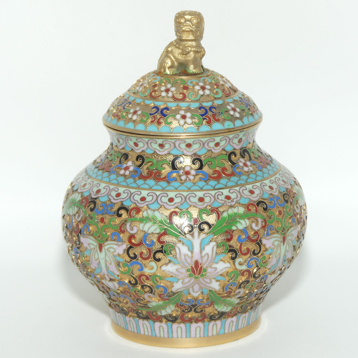 Mid Century Cloisonne on Brass Lidded Pot | Temple Dog Finial