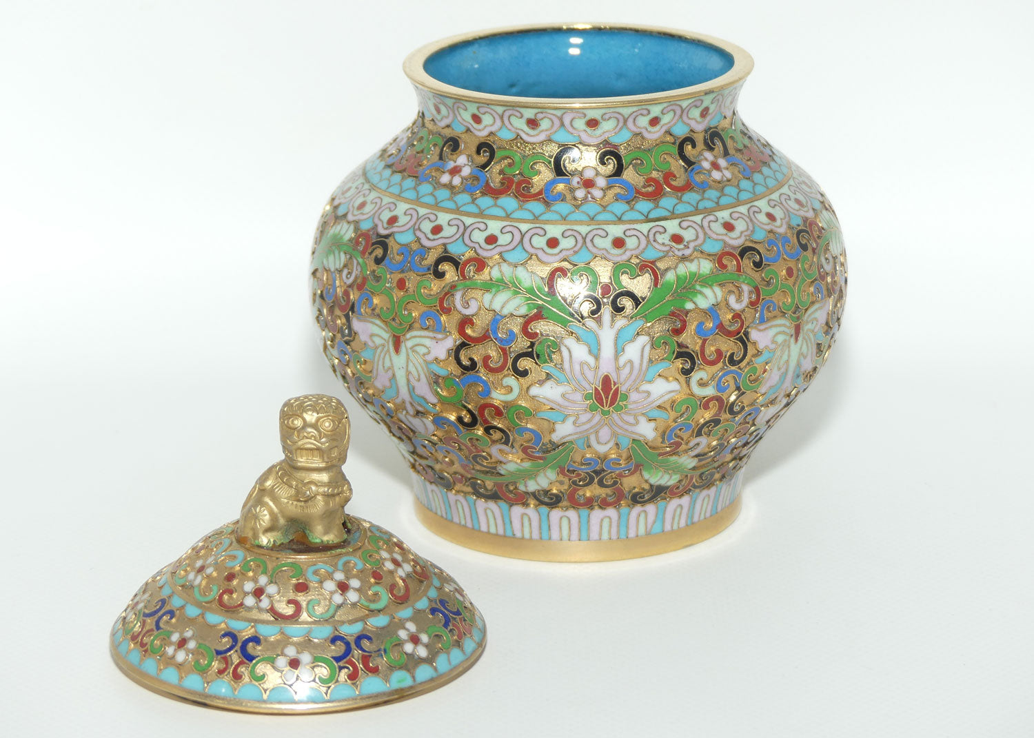 Mid Century Cloisonne on Brass Lidded Pot | Temple Dog Finial