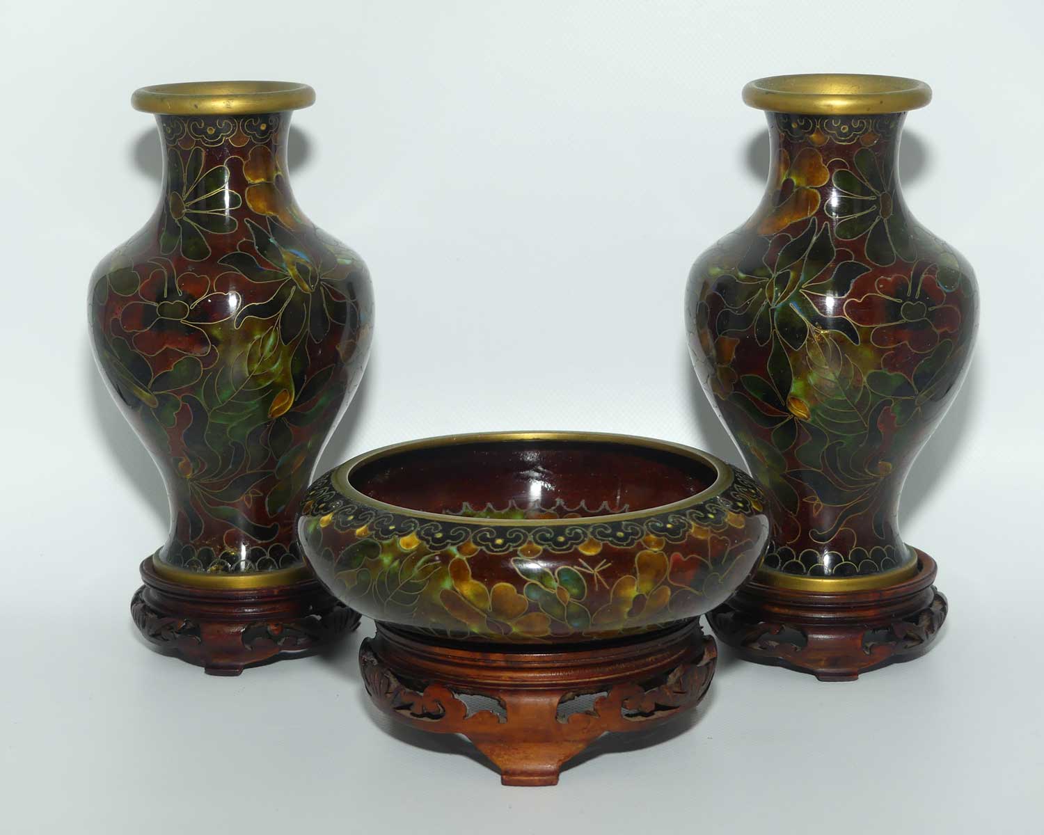 Mid Century Cloisonne Garniture set | Pair of Vases and Bowl | Wooden Stands