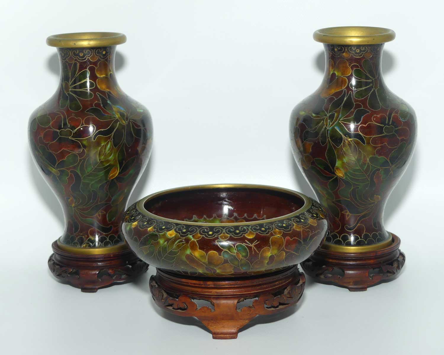 Mid Century Cloisonne Garniture set | Pair of Vases and Bowl | Wooden Stands