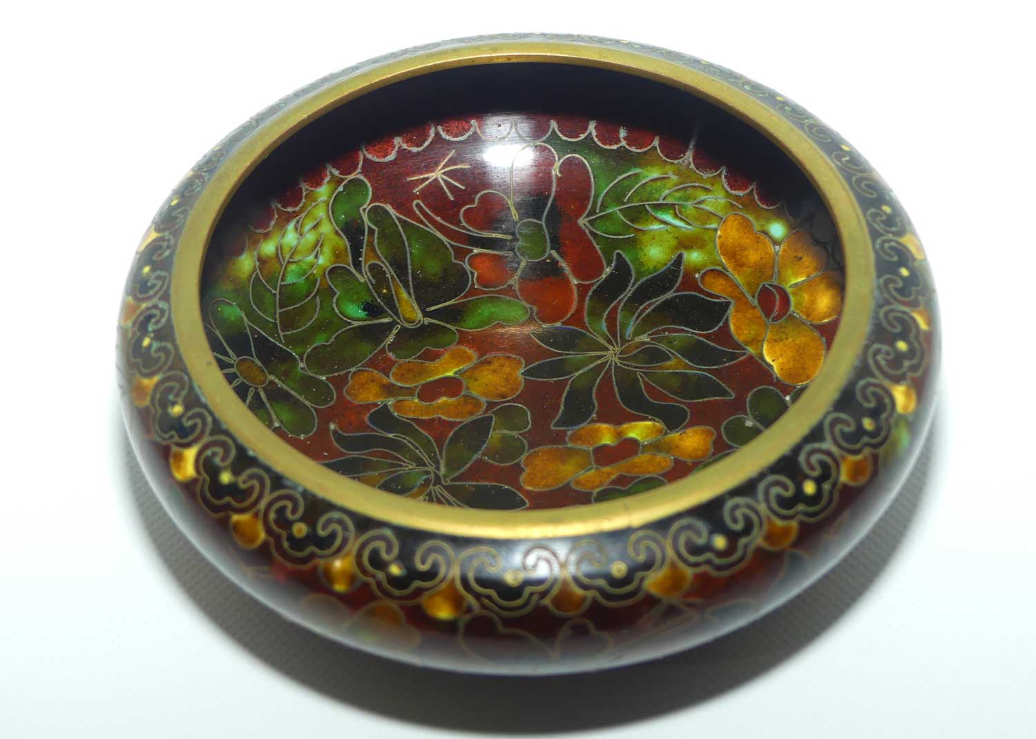 Mid Century Cloisonne Garniture set | Pair of Vases and Bowl | Wooden Stands