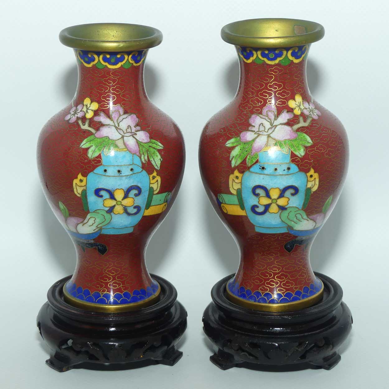 Mid Century Cloisonne pair of Vases on Stands | Iron Red | Flowers in Urns