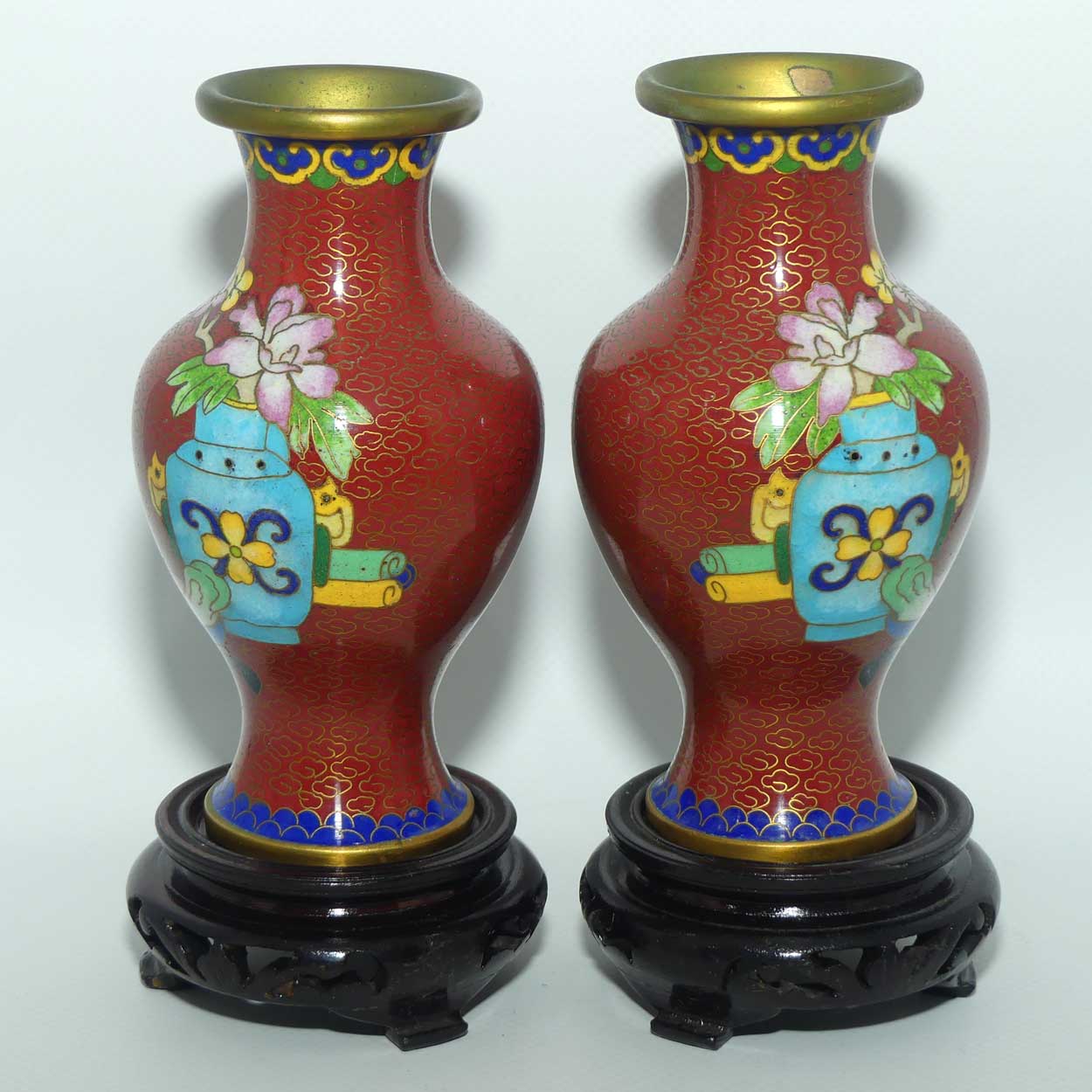 Mid Century Cloisonne pair of Vases on Stands | Iron Red | Flowers in Urns