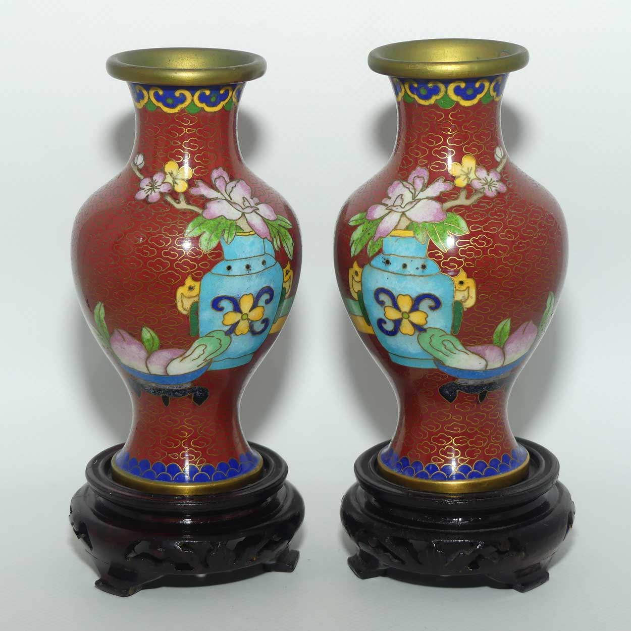 Mid Century Cloisonne pair of Vases on Stands | Iron Red | Flowers in Urns