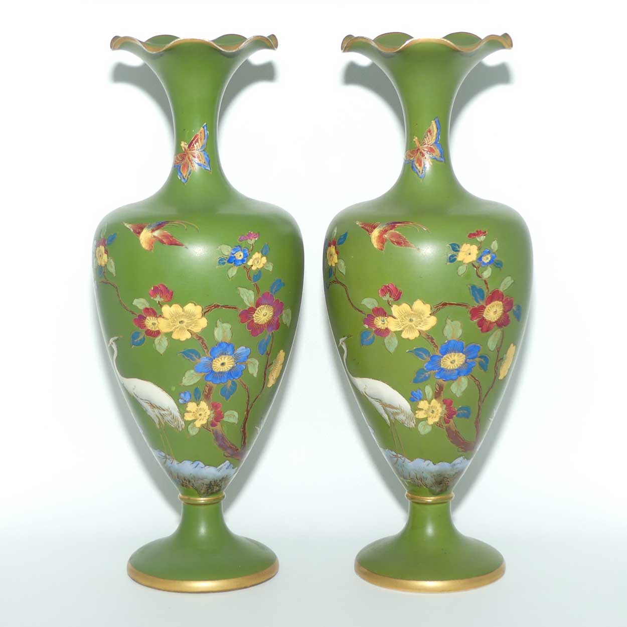 W & R Carlton Ware pair of vases | Cloisonne Ware in Jade depicting Storks | 722