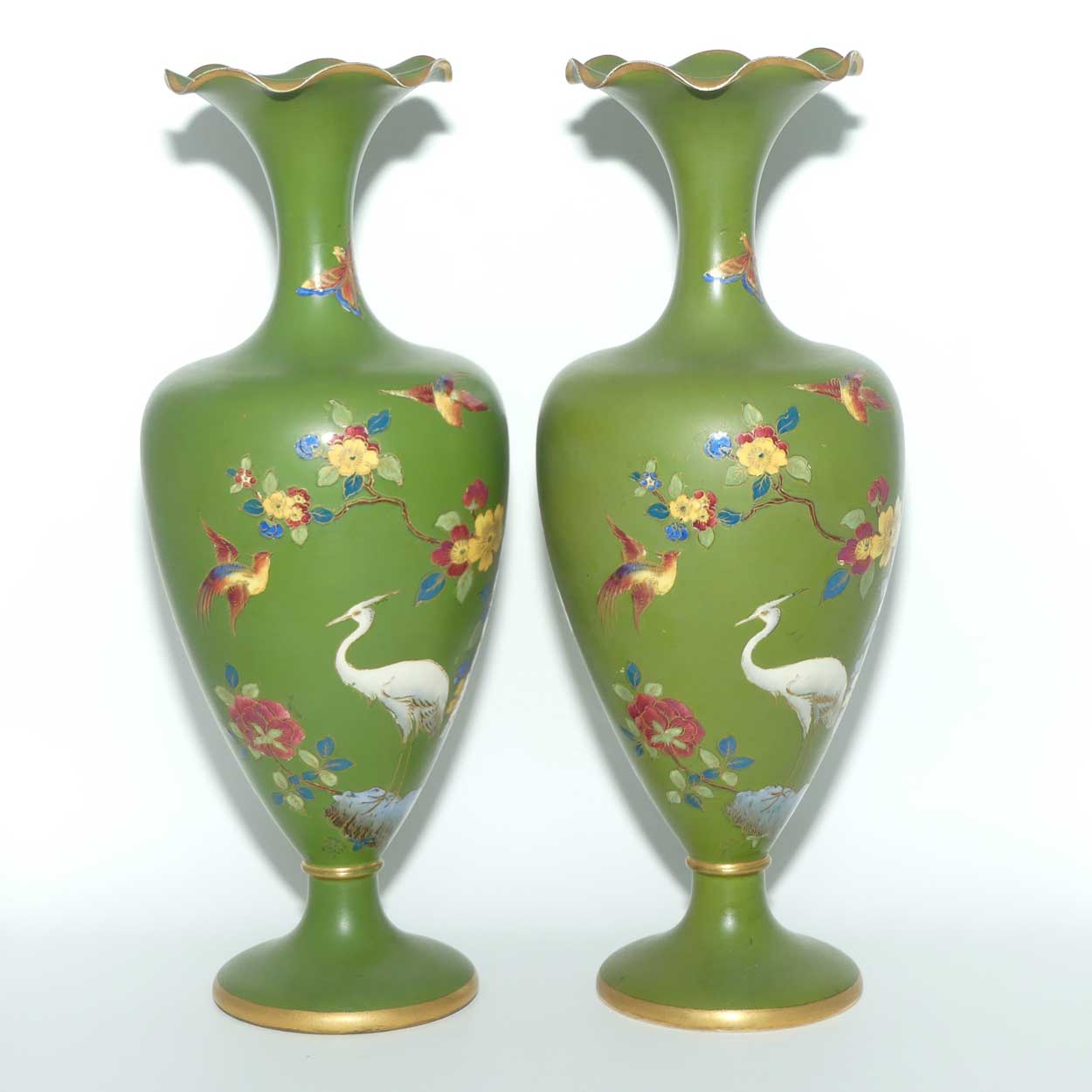 W & R Carlton Ware pair of vases | Cloisonne Ware in Jade depicting Storks | 722