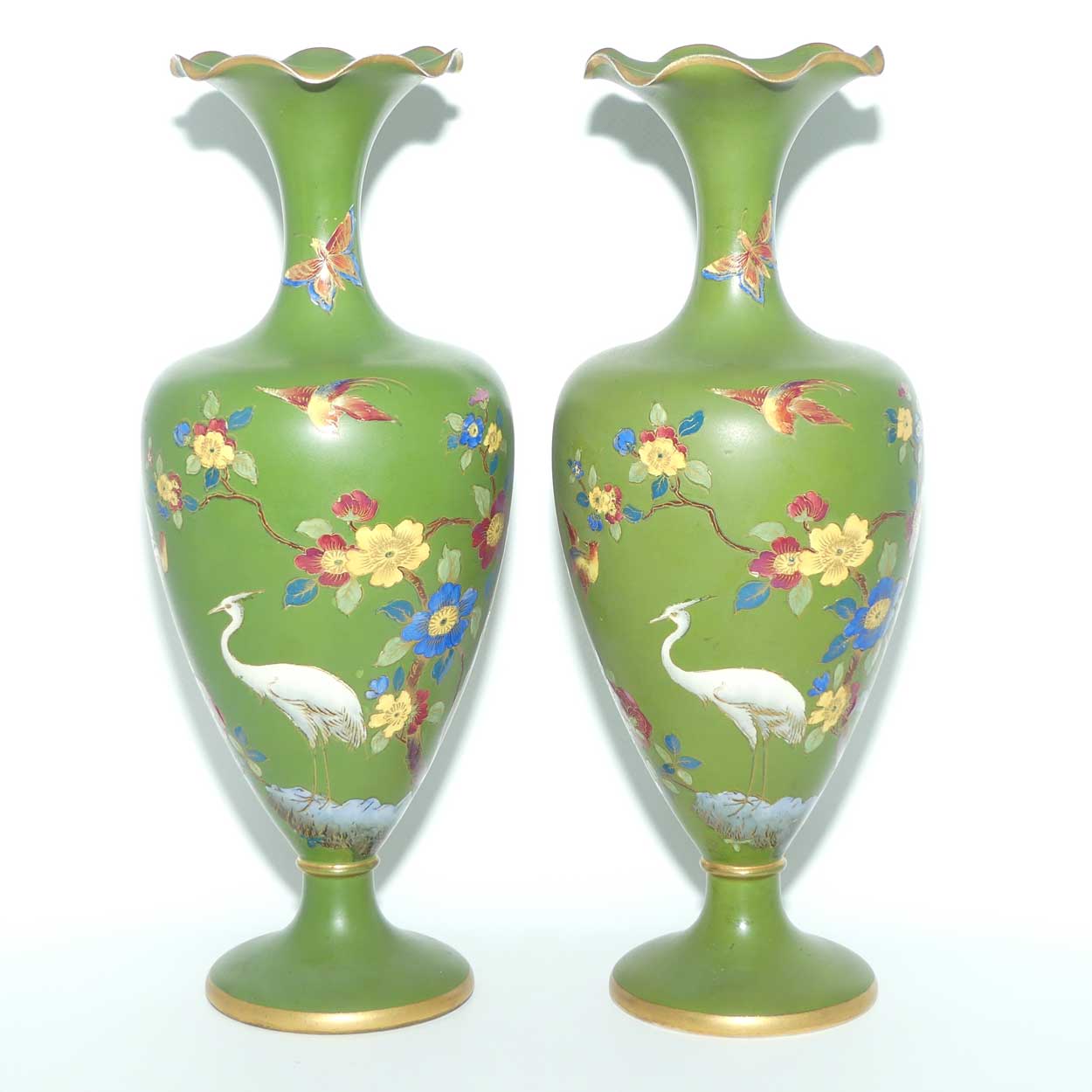 W & R Carlton Ware pair of vases | Cloisonne Ware in Jade depicting Storks | 722