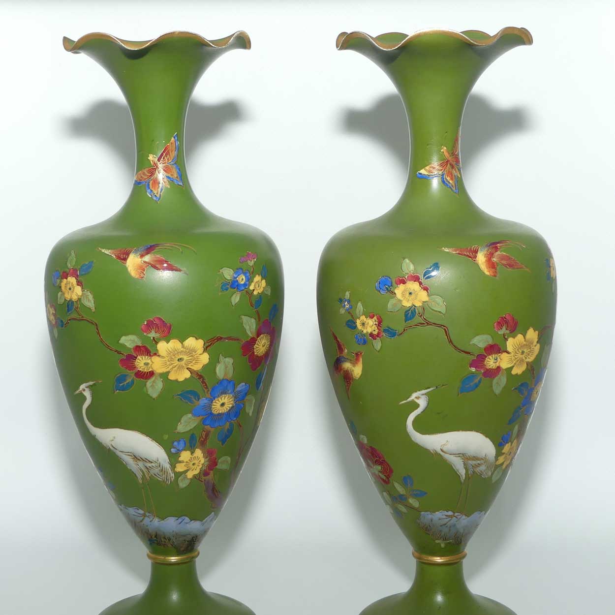 W & R Carlton Ware pair of vases | Cloisonne Ware in Jade depicting Storks | 722