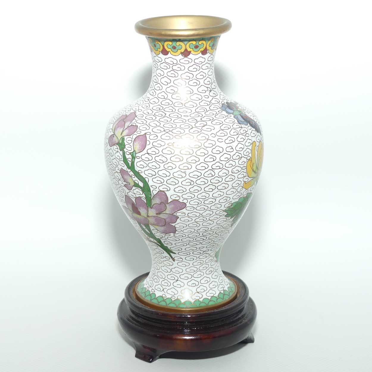 Mid Century Cloisonne vase on stand | White with Lotus Flower