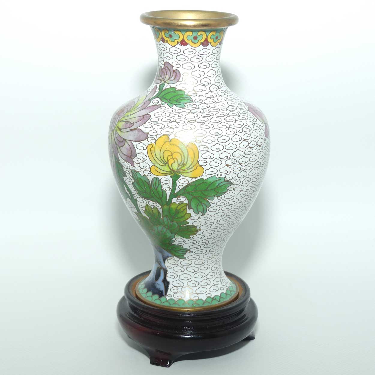 Mid Century Cloisonne vase on stand | White with Lotus Flower