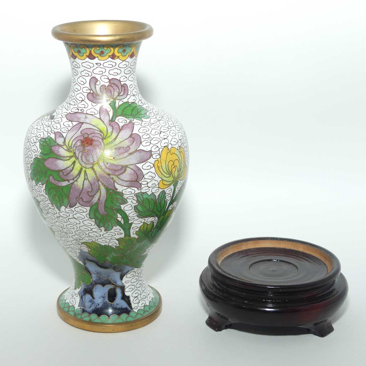Mid Century Cloisonne vase on stand | White with Lotus Flower