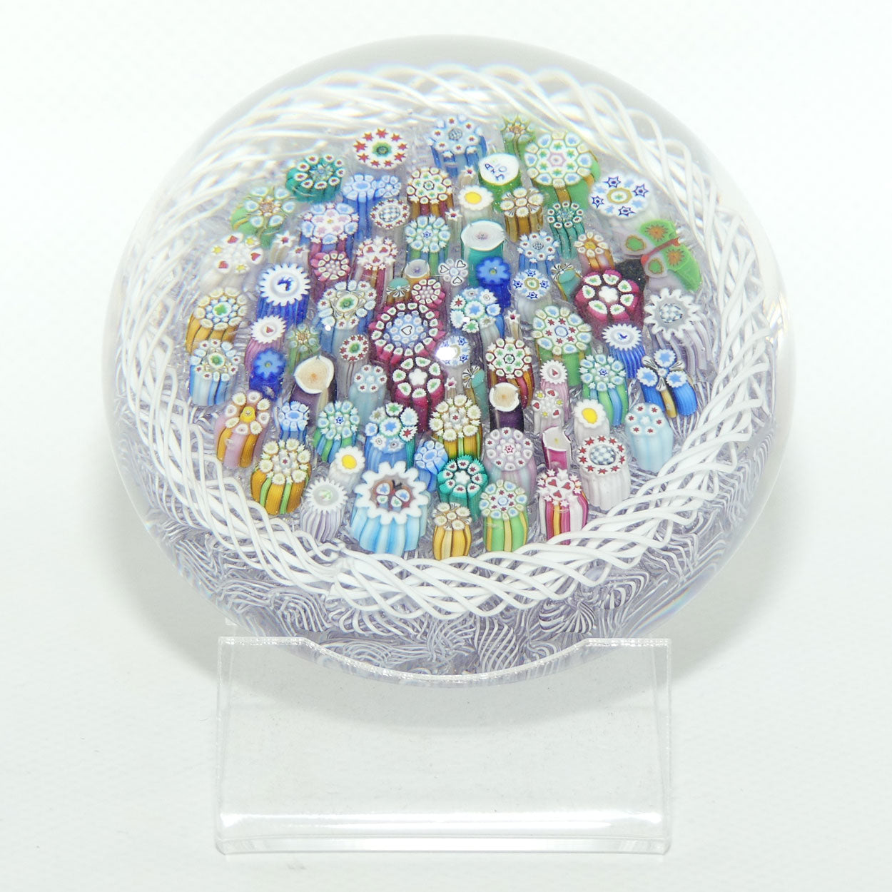 John Deacons Scotland Closepack Millefiori Torsade on Mauve Lace Magnum paperweight
